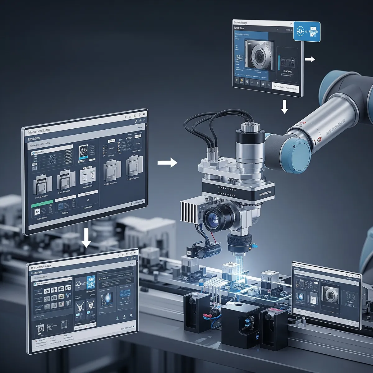 Illustration of a machine vision camera inspecting parts